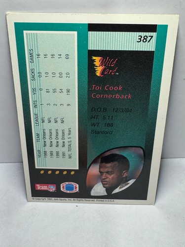 TOI COOK 1992 Wild Card NFL #387 Parallel 10 Stripe New Orleans Saints - Picture 2 of 2