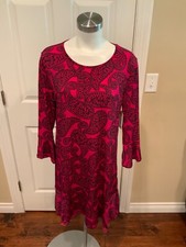 Michael Kors Dark Pink & Black Floral Paisley Dress W/ Bell Sleeves, Size L
