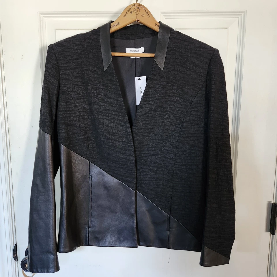 NUEVO CON ETIQUETAS Casco Lang Para Mujer Negro Tela Bloque Asimétrico Tweed Cuero Chaqueta 2 Foto 2 de 4