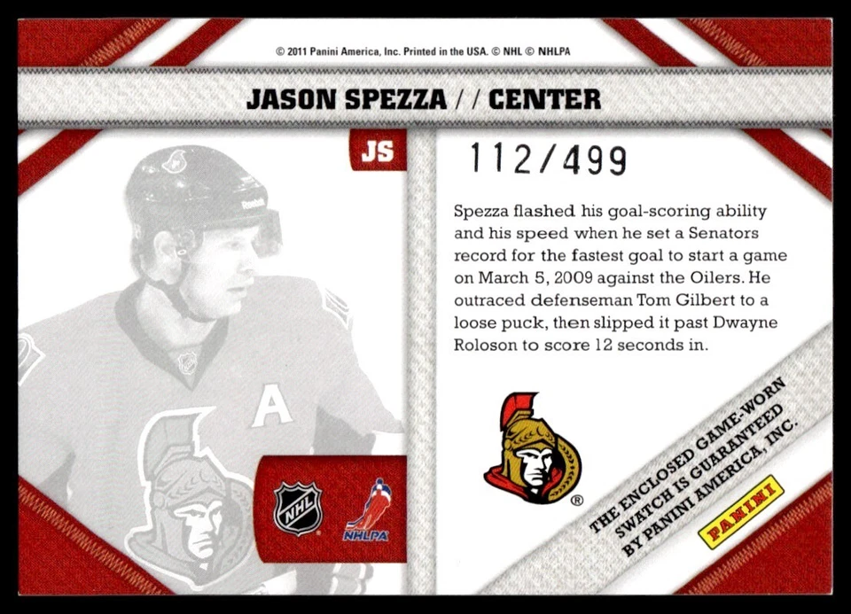 2010-11 Panini Pinnacle Threads Jason Spezza 112/499 Ottawa Senators #JS - Image 2 of 2
