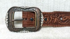 TONY LAMA - Women's Belt - BROWN Hand Tooled Leather RHINE STONES - Size M 34 
