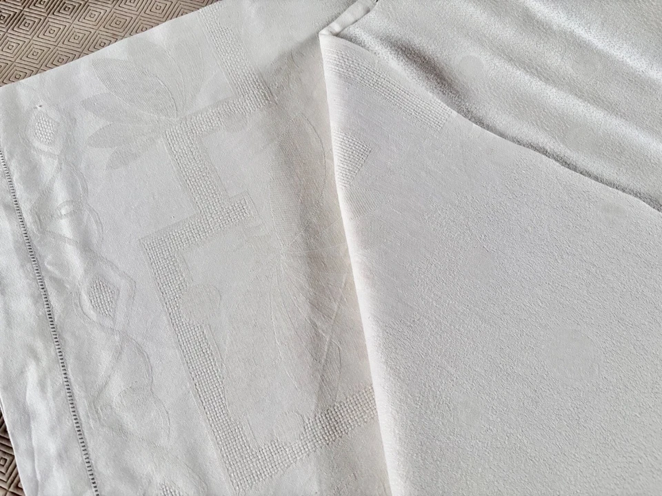 Linge ancien service NAPPE + 12 SERVIETTES Damassé blanc monogramme central JO - Photo 4/4