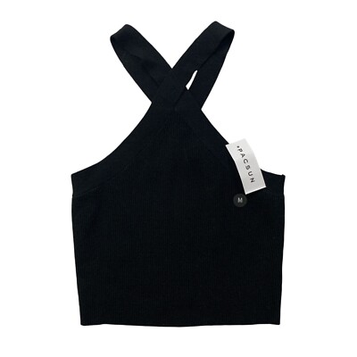 Pacsun Kendal & Kylie Tank Top Womens M Medium Black Cropped Ribbed Halter Neck