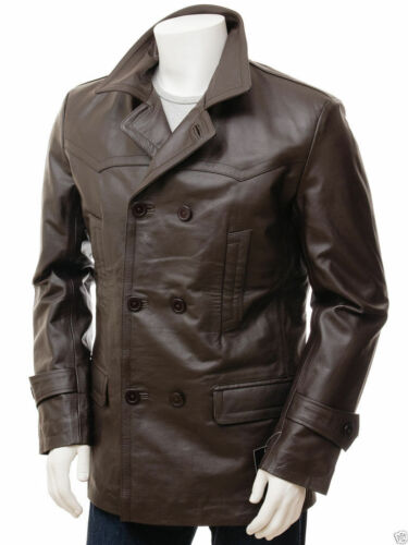 Men's Brown Leather Genuine Lamsbkin Trench 3/4 Coat Winter Causal Coat Jacket - Picture 1 of 8