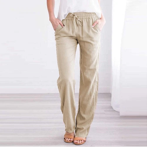 Damen Gerade Elastische Taille Hose Kordelzug Baumwolle Leinen Freizeit Lockere Hose - Bild 24 von 43