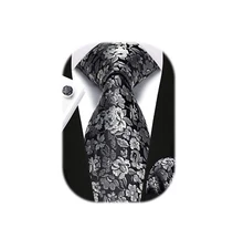 Ties for Men Black Tie Handkerchief Cufflinks Set Silver Floral Tie Silk Wove...