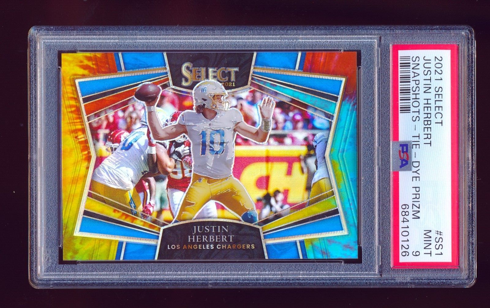 PSA 9 JUSTIN HERBERT 2021 PANINI SELECT SNAPSHOTS TIE DYE PRIZM # 25/25 CHARGERS
