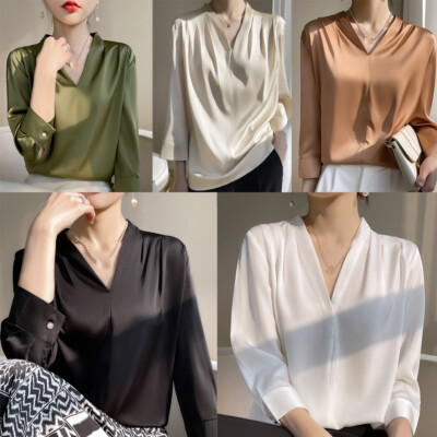 2023 Women New Long Sleeve Top 100% Pure Silk Overshirt Blouse Casual Soft Shirt