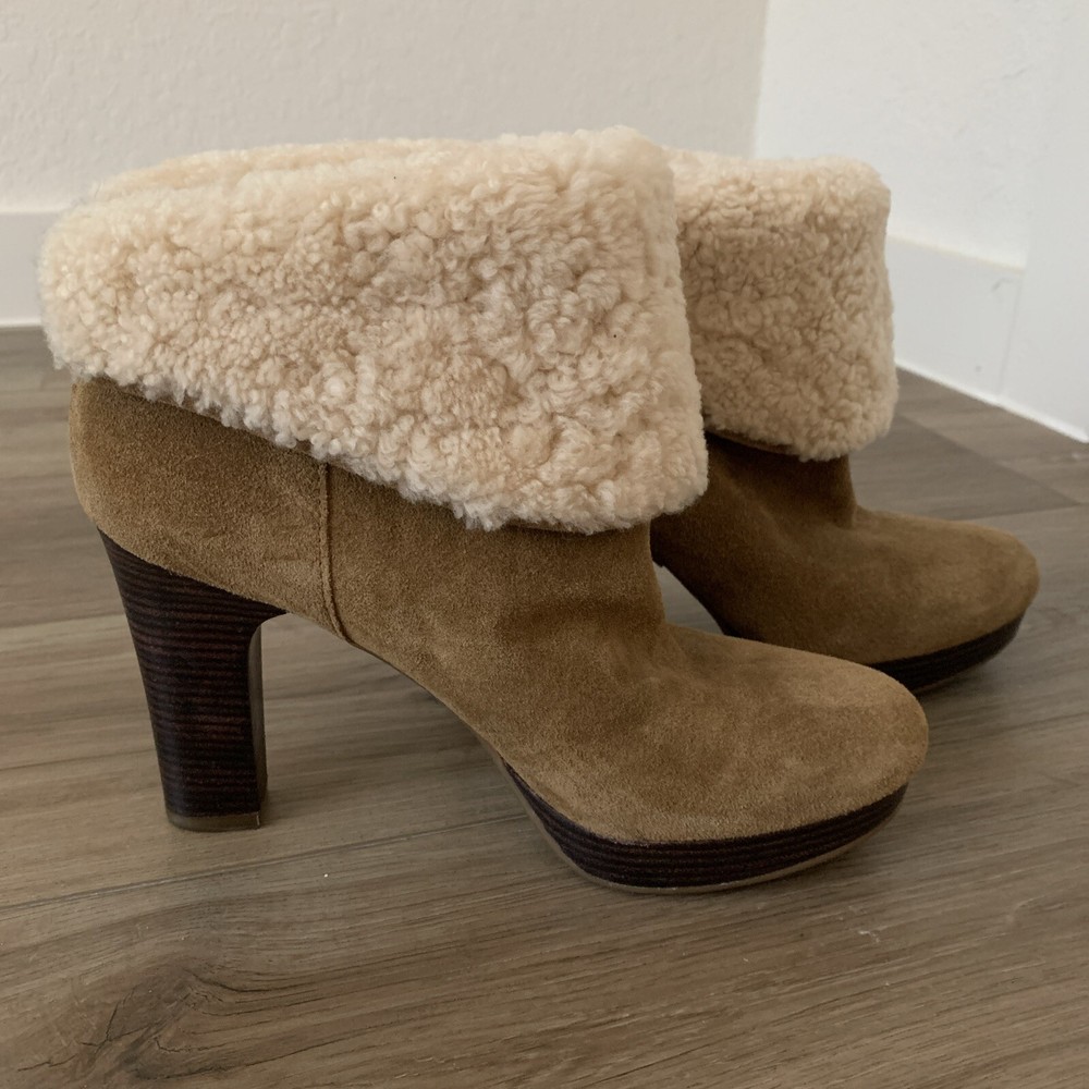 UGG Boots US 8.5 Dandylion Chestnut Brown Leather Suede High Heel Ankle Boots