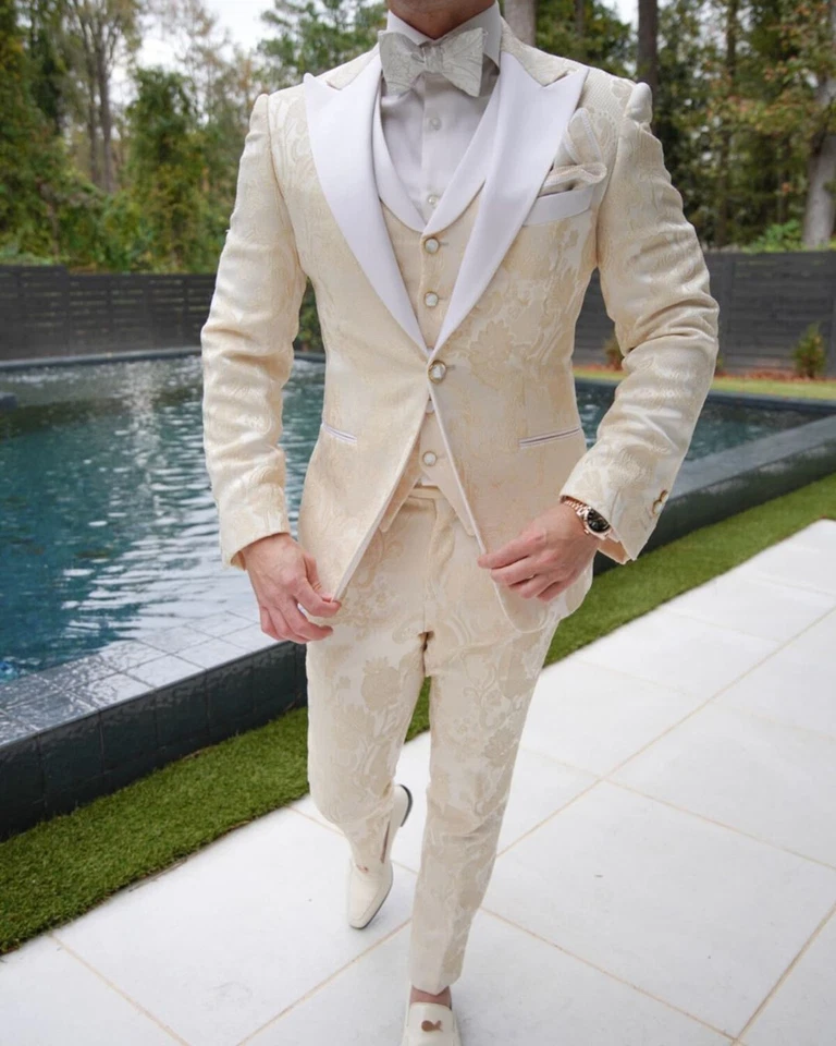 Champagne Plaid Paisley Men Suits Slim Fit Print Jacquard Single Breasted Tuxedo - Image 4 of 4