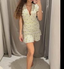 ZARA MULTICOLOUR FLORAL EMBROIDERY CHECK PRINT SHORT DRAPED RUFFLED DRESS SIZE S