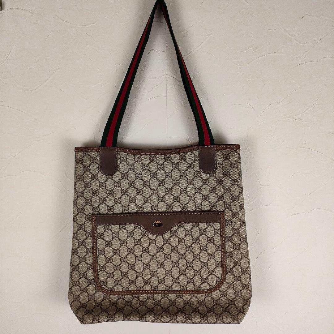 GUCCI Vintage Sherry Line Tote Bag Beige Brown PVC Leather 35cm EX