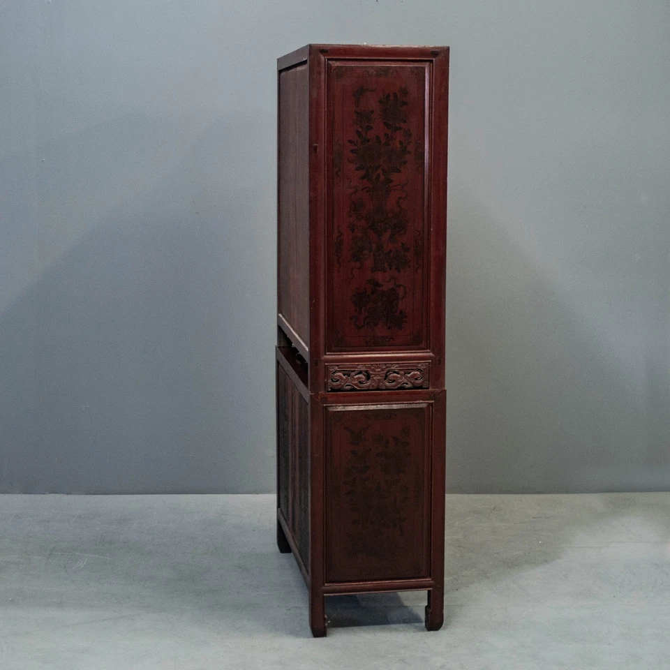 Gabinete frontal chino vintage de vidrio de palo de rosa de 2 piezas con paneles extraíbles Foto 3 de 4