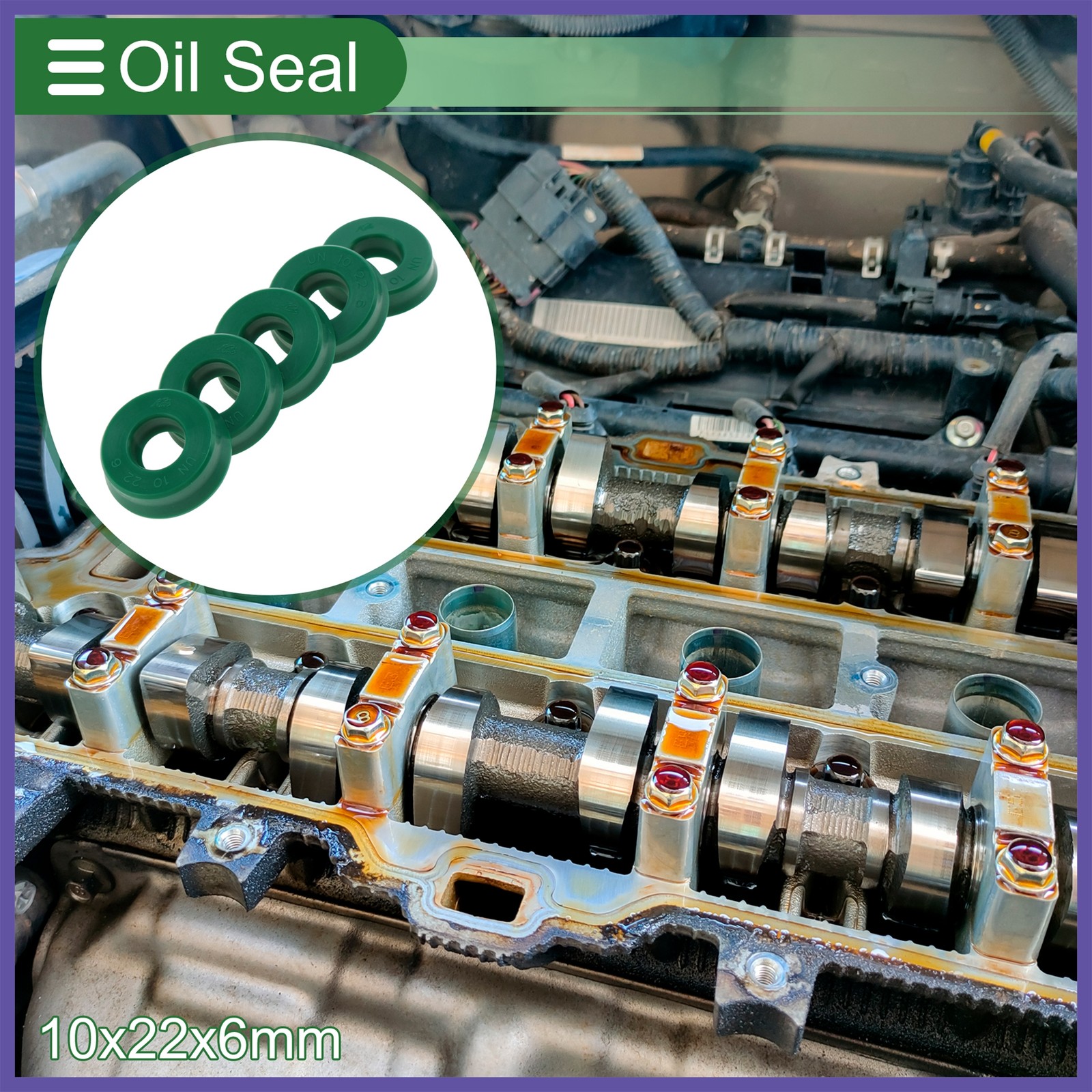Oil Seal Seal Ring Rotary Shaft Seal TPU 10x22x6mm High Pressure Green 5Pcs
