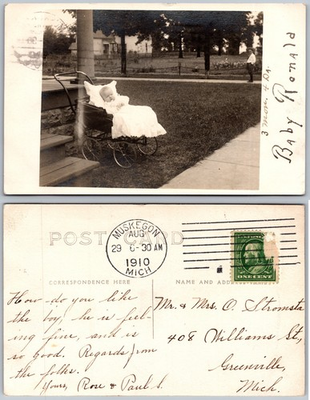 #ad RPPC Baby In Carriage Muskegon MI Photo Postcard $3.99