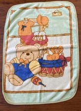RARE VTG Baby Blanket Teddy Bear Bunny Basket Rattle Plush Fleece Mink Spring