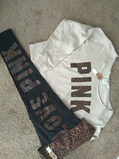 Victoria's Secret Pink Leopard Slouchy Crew  Leggings Set Limited Ed L