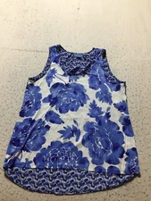 Simply Vera Wang Tank Blouse Womens L Large Blue White Floral Wavy