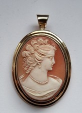 GOLD ANHÄNGER / BROSCHE ° 333  ° GEMME ° Muschel ° Frauenportrait ° Antikschmuck