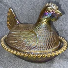Vintage Indiana Glass 7” Hen on Nest Golden Carnival Amber Iridescent Nice!