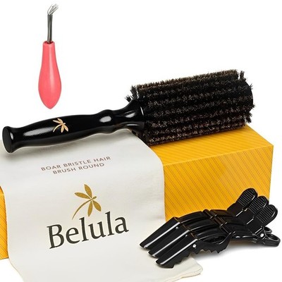 100% Boar Bristle Round Hair Brush Set 2.1 Inch Wooden Barrel Clips Bag