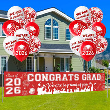 Red Graduation Decorations Class of 2026 Yard Banner with 18 Pcs Grad Balloons S