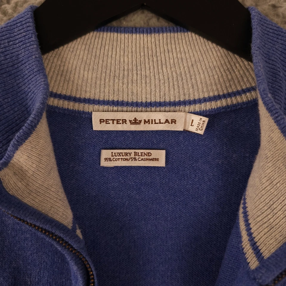 Peter Millar Sweater Vest Mens Large Blue Luxury Blend 1/4 Zip Cotton Cashmere - Image 3 of 4