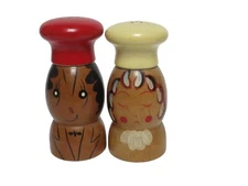 Vintage Japan 5" Salty & Peppy Wooden Salt and Pepper Shakers Set Screw on Tops