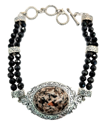 Handwerklich handgefertigtes Yooperlite und thailändischer schwarzer Spinell Sterlingsilber Knebelarmband