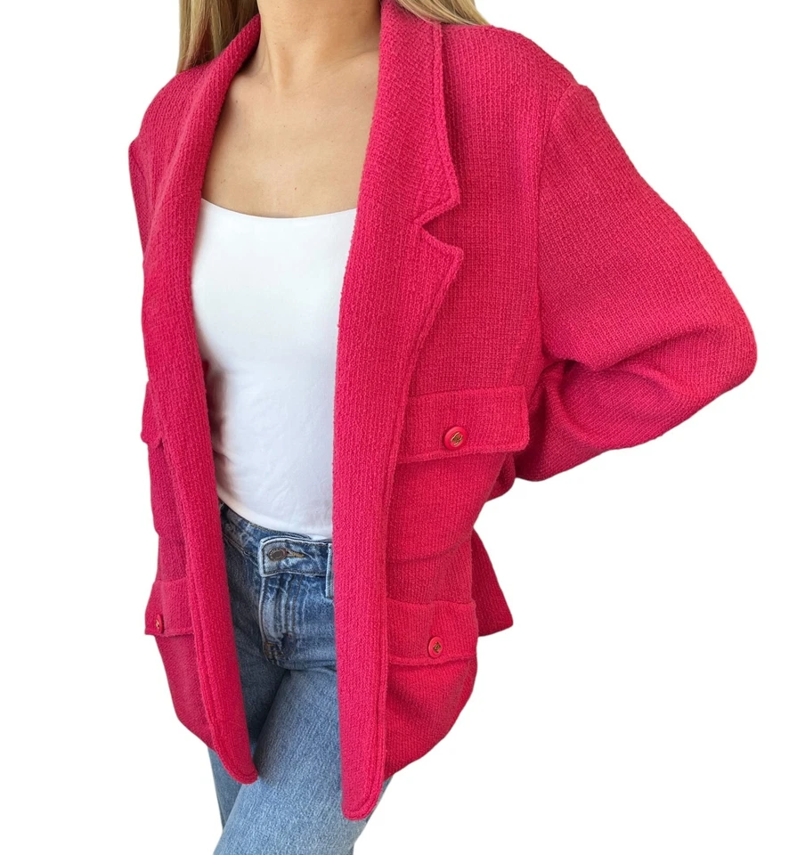 Chaqueta CHANEL Vintage Marca CC Logo Frente Abierto Tweed Botón Lana Nylon Rosa Foto 2 de 4