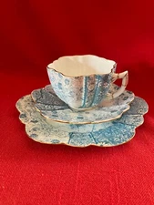 c 1889 Wileman & Co daisy shaped trio, blue Jungle Print pattern #6088, set #6