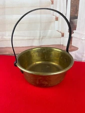 Vintage brass cooking pot with iron handle cauldron 