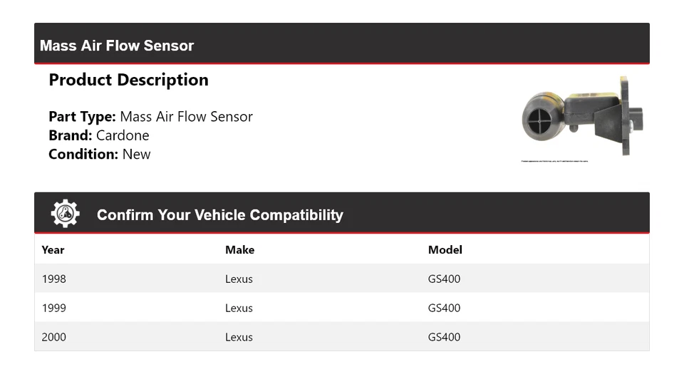 Sensor de flujo de aire masivo Cardone 1999 para Lexus GS400 1998-2000 Foto 2 de 4