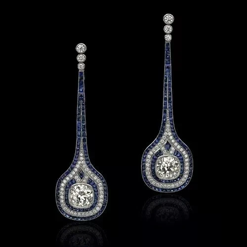 14K White Gold FN Art Deco Style Lab Created Diamond & Sapphire Wedding Earring
