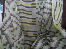 Ladies aqua, gray  yellow sheer light weight scarf w/ block pattern 20" x 71"
