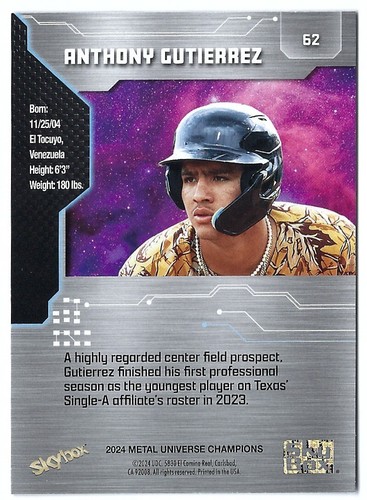 ANTHONY GUTIERREZ 2024 SKYBOX METAL UNIVERSE CHAMPIONS CARD 62 TEXAS RANGERS - Picture 2 of 2