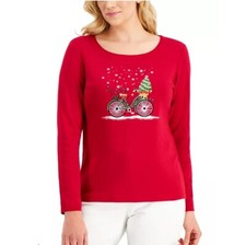 Karen Scott Womens L New Red Amore Christmas Bike Top NWT DA54