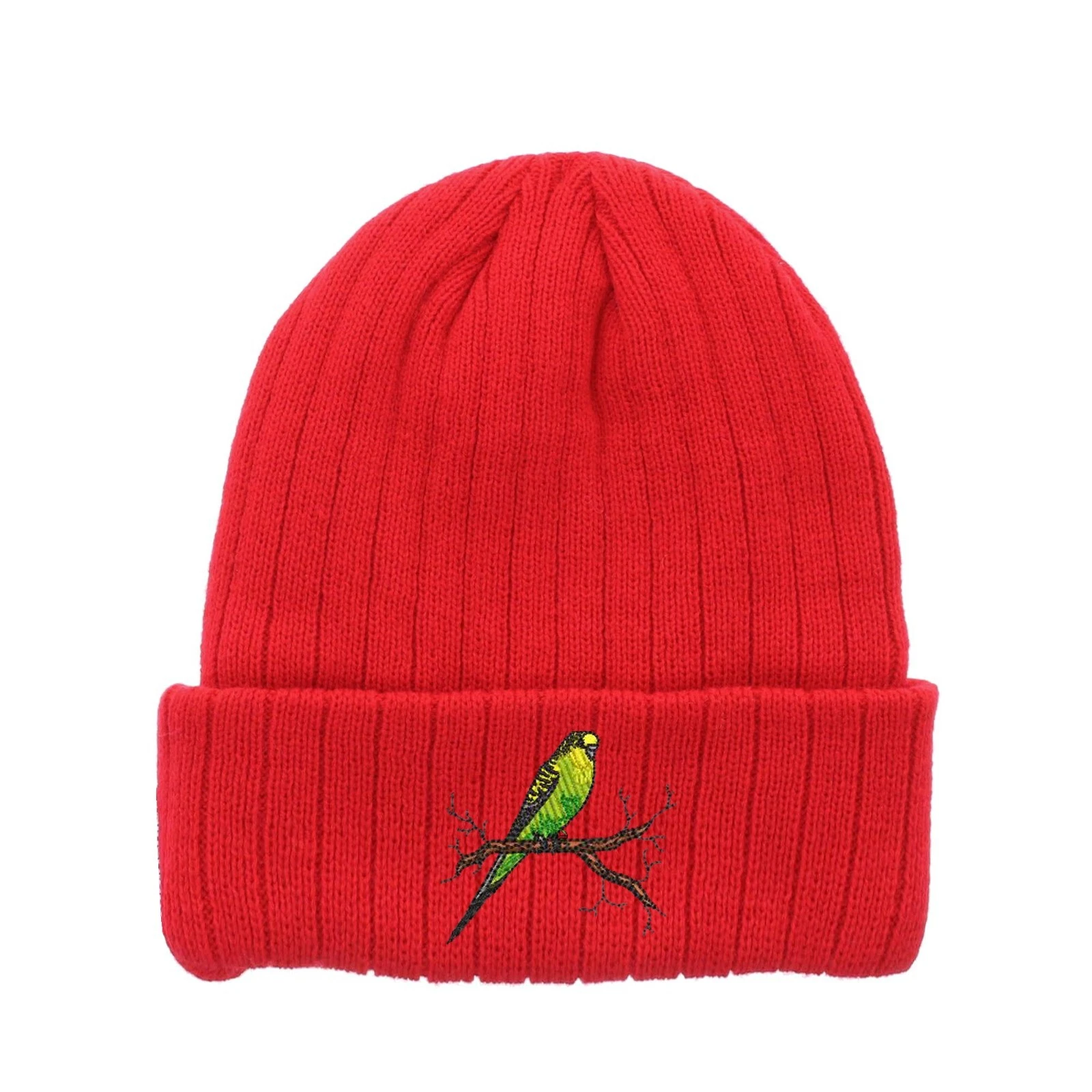 Parakeet bird embroidered fleece beanie hat, insulated winter beanie hat