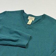 LL Bean Sweater Mens Medium Teal Cotton Cashmere V Neck Pullover Knit Classic