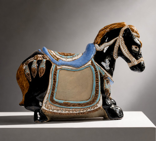 Vintage Chinoiserie Ceramic Glossy Glaze Ceramic Horse Sculpture Centerpiece 17"