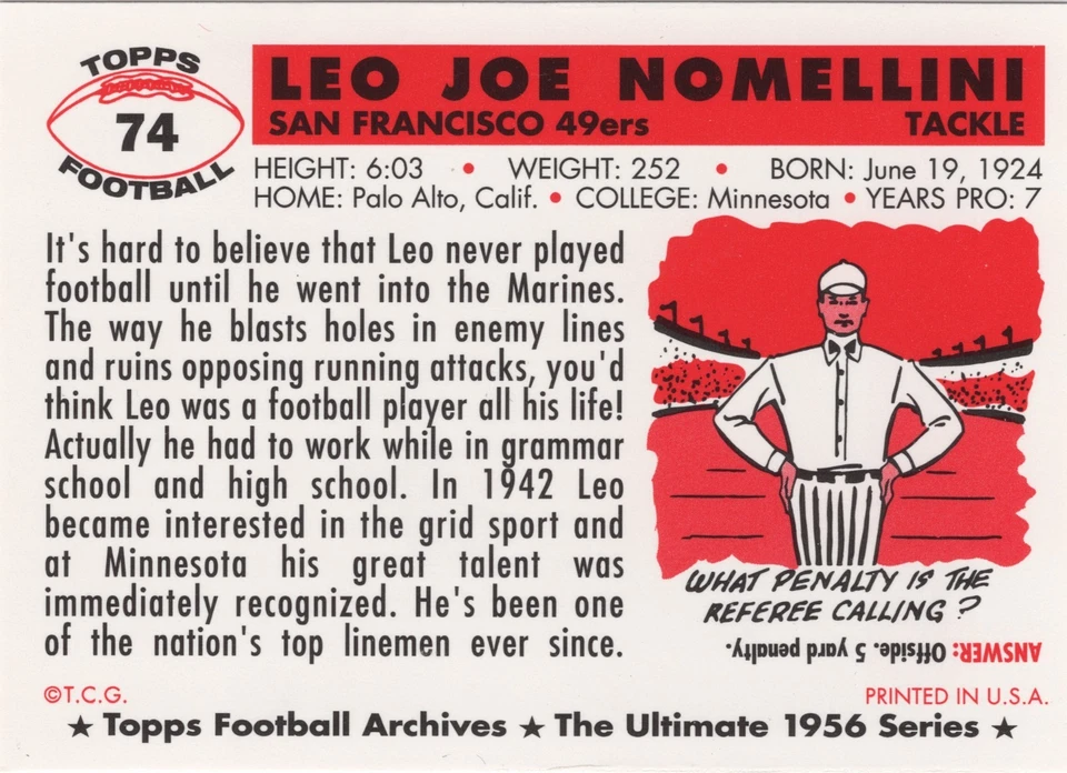 1994 topps archives football 1956 gold Leo Nomellini #74 HOF - Image 2 of 2