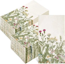 AnyDesign 100Pcs Floral Guest Napkins Wildflower 7.8 x 4.3 inch, Green 