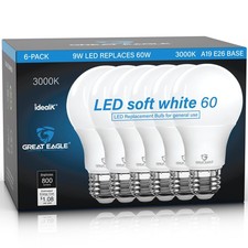Great Eagle A19 LED Light Bulbs 60 Watt Equivalent, Soft White 3000K LED Ligh...