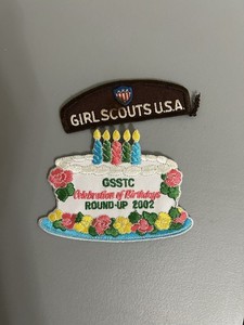 VINTAGE GIRL SCOUT PATCH - Happy Birthday GSSTC - cake with rainbow candles