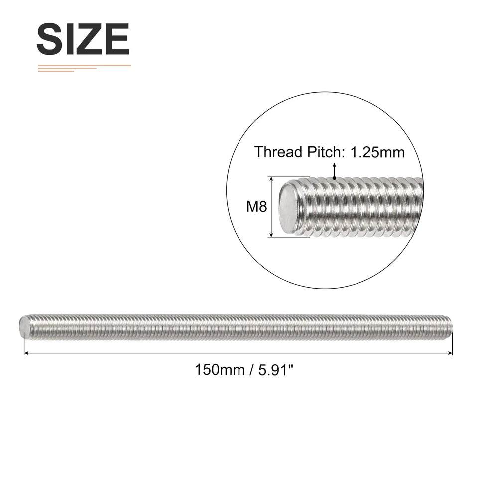 4Pack M8x1.25x150mm Fully Threaded Rod 304 Stainless Steel Rods Bar Studs Silver Foto 2 de 4