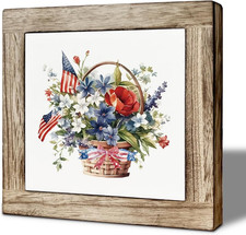 Patriotic Wooden Sign Floral Basket Decor, Independence Day 4Th of July Rustic F