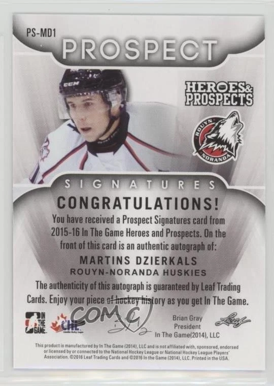 2015-16 Leaf ITG Heroes & Prospects Prospect Martins Dzierkals #PS-MD1 Auto - Image 2 of 2