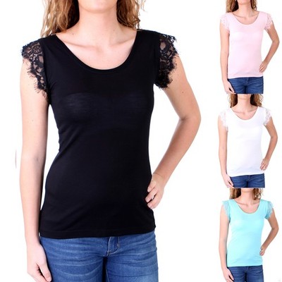 Madonna T-Shirt Damen ''VILDA'' Rundhals Shirt Kurze Ärmel aus Spitze Top 406990