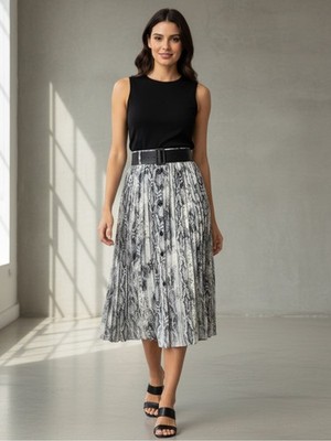 ZARA BASIC Snake Print Pleated Midi Skirt XL Grey Python Button Front with Belt