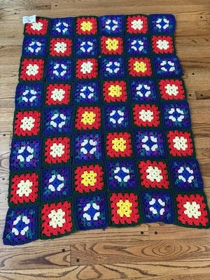 Granny Square Throw Blanket Crocheted AFGHAN Vintage 70s Couch Roseanne 50x36